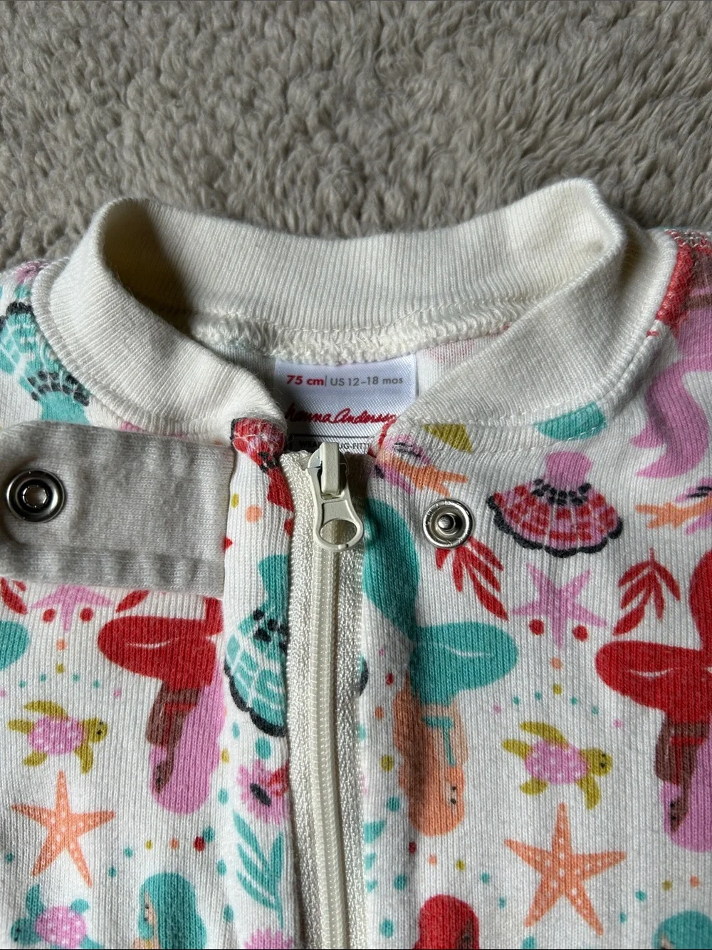 Hanna Andersson Cream Romper with Coral, Teal, Pink and Yellow Sea Life Print